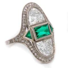 Vintage & Antique Vivid Green Emerald With Fancy Cut White CZ 935 Silver Ring