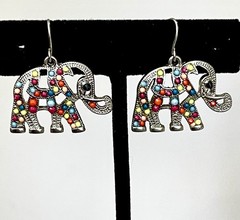 Vintage Elephant Dangle Earrings Silver Tone Multicolor Beaded Boho Hippy Global