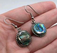 Vintage Abalone Round Circle Dangle Drop Pierced Earrings Silver Tone