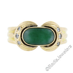 Vintage Petite 14K Yellow Gold Cabochon Green Jade & Diamond Grooved Band Ring