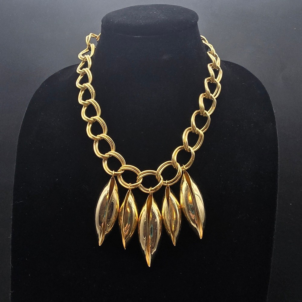 Gold Tone Chain Necklace with Pod Charms Statement Vintage Jewelry