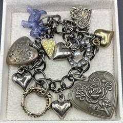 Vintage Bracelet & Charms of Mixed Metals Black: Hearts, LOCKET, Prayer Box, Dog