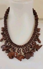 African Animal Bib Necklace Charm Carved Wood Elephant Wolves Brown Tribal Bead