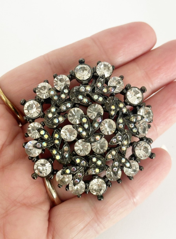 Vintage AB Rhinestone Brooch Pin Pendant Japanned Flower Cluster