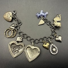 Vintage Bracelet & Charms of Mixed Metals Black: Hearts, LOCKET, Prayer Box, Dog