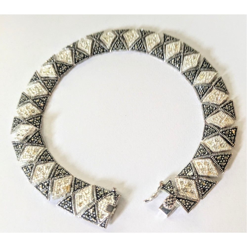 Art Deco Style Silver Plated Marcasite &Diamond Accent Link Bracelet 8.25″