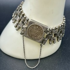 Antique Victorian 800 Silver Link Bracelet 1861 Queen Victoria 3 Pence 27g 6.75″