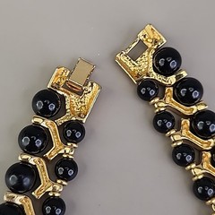 Vintage Beaded Necklace Black Gold Tone Collar Choker SHORT 14.5″