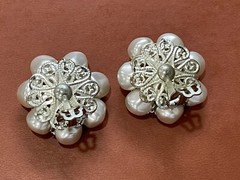 Vintage Japanese Silver Tone Metal Faux Pearl Flower Form Clip on Earrings