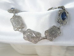 Art Deco Sterling Silver Sapphire Paste Filigree Station Antique Bracelet 7.5″