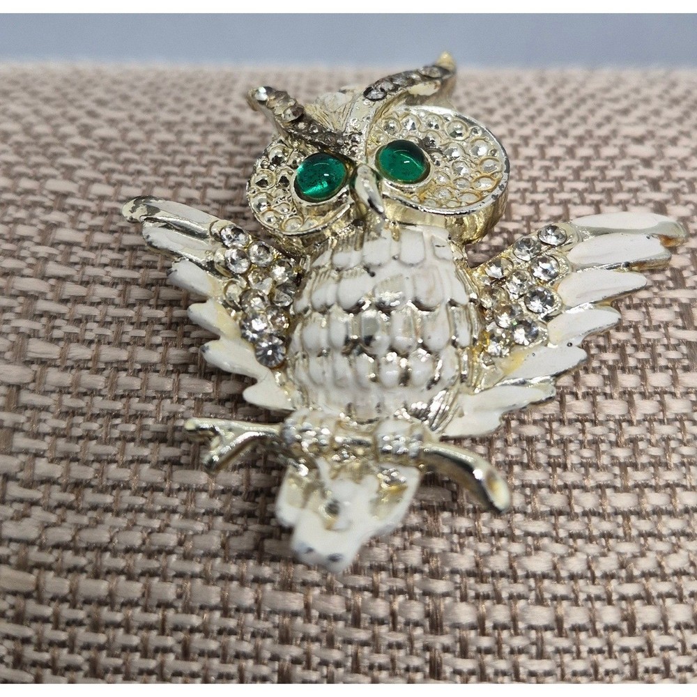 Vintage Owl Brooch Pin Gold Tone White Enamel Green Eyes Rhinestone Jewelry