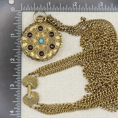 Vintage Goldette Trinket Locket Multi Strand Chain 30-42″ Blue Red Scrollwork