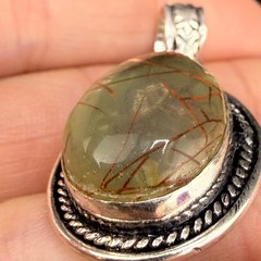 Vintage Rutilated Quartz Pendant Silver Tone Clear Resin and Tinsel