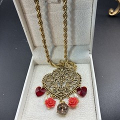 Romantic Vintage 1980s Assemblage Necklace, Hearts Roses, Freshwater Pearls OoaK