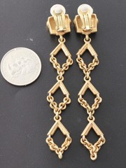 Donna Karan D.K.N.Y. Signed Matte Gold Tone Dangle Modernist Earrings Clip-on