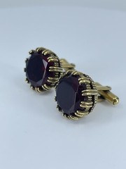 Red Glass cufflinks Faceted round prong set open gold tone 1-1/8″