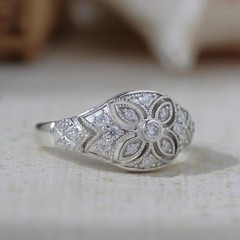Vintage Art Deco Round Moissanite Floral Style Milgrain Engagement Dome Ring