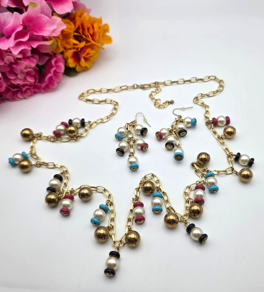 Vintage Gold Tone Faux Pearl Colorful Disc Fringe Necklace Earrings Set 36 In