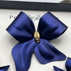 Tona Bow Brooch & Pierced Earrings Set Blue Clear Rhinestone