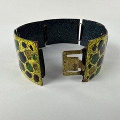 1950s 1970s MCM Enamel Copper Bracelet West Germany Mosaic Pattern Green Yellow