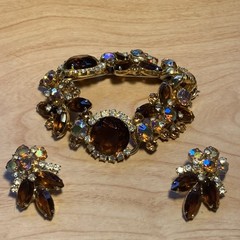 Vintage D&E Juliana Book Brown AB Headlight Rhinestone Bracelet Clip Earring Set