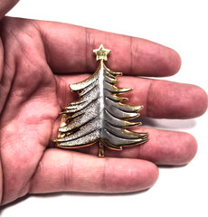 Vintage Signed BEST Silver & Gold Christmas Tree Holiday Pendant Pin / Brooch