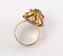 Vtg 14K Yellow Gold Brutalist Jade Ruby Sunburst Cocktail Ring – 5.64g size 5.5