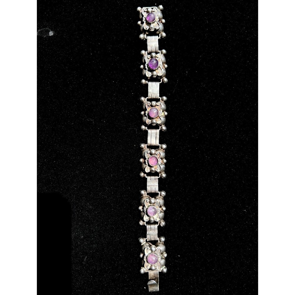 VTG 1930’s Mexican SS Purple Amethyst Orbit Panel Cabochon Link Bracelet 7.5″
