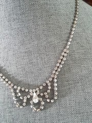 Prong set Clear Rhinestone Scalloped Style Necklace. Glamorous. Wedding 17 In.