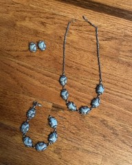 Vintage 60s 3 Piece Faux Turquoise Jewelry Necklace Set Bracelet Earrings ￼