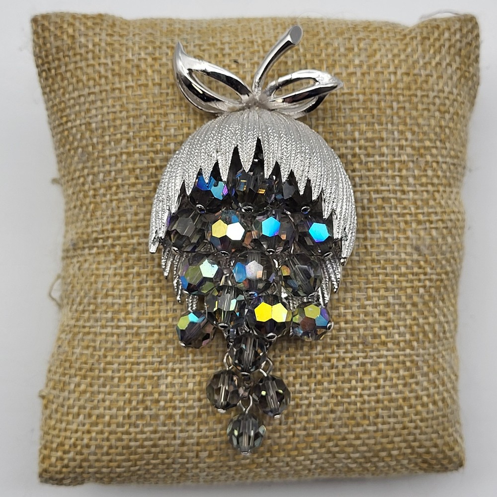Stunning Schrager Vintage AB Crystal Brush silvertone Tumbler Brooch pin fruit