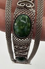 Vintage Silver Tone Filigree Mesh Bracelet Green Cabochon Stones Ornate Design