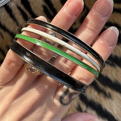 S Set of 4 Vintage Metal and Black, White, and Green Enamel Bangle Bracelets