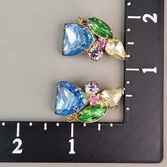 Vintage Rhinestone Clip On Earrings Blue Shield Multicolor Climber Gold Tone
