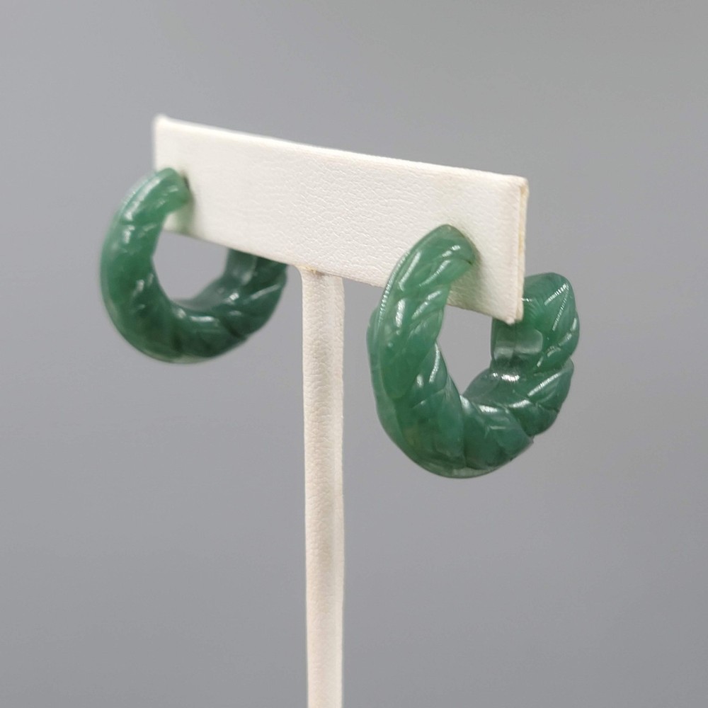 Vintage Acrylic Green Embossed Hoop Pierced Earrings 1″