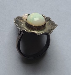 Vintage Sterling Silver & Natural Fire Opal Gemstone Modernist Ring Size 5.5