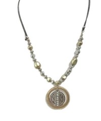 Antique gold tone necklace / Tricolor Disk pendant with clear crystals