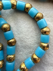1920s Art Deco Czech Turquoise Glass Bead & Brass Necklace 56″ Flapper Strand