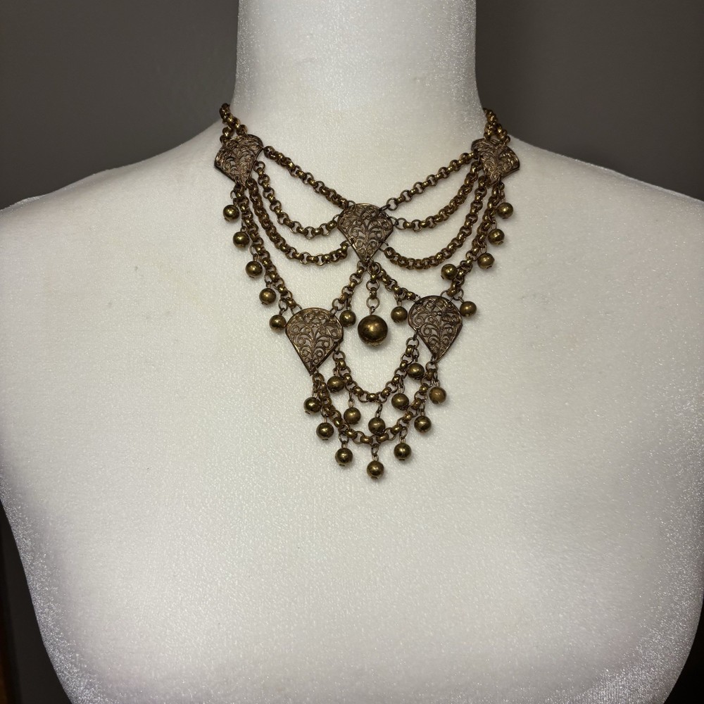 Vintage Brass Filigree Festoon Bib Necklace Victorian Revival Hollow Ball Drops