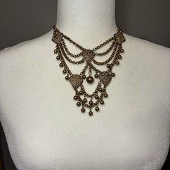 Vintage Brass Filigree Festoon Bib Necklace Victorian Revival Hollow Ball Drops