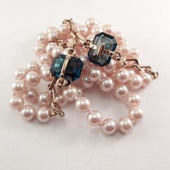 Vtg Faux Pearl Emerald Cut Blue Glass Necklace Knotted Strand 45″ Long 9.8mm