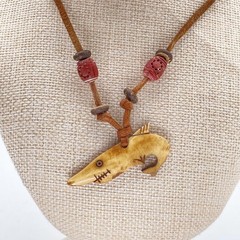 Boho Bone Shark Fish Pendant Necklace Brown Leather Wood Beads Statement Toggle