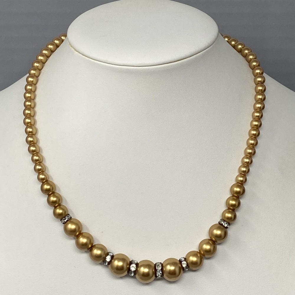 Gold Simulated Pearls Graduating Shiny Beads Rondelle Rhinestone Spacers 17″