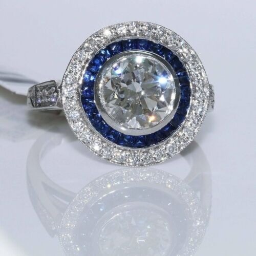 Art Deco Vintage 2.90 Ct Diamond & Sapphire Wedding Ring 925 Sterling Silver