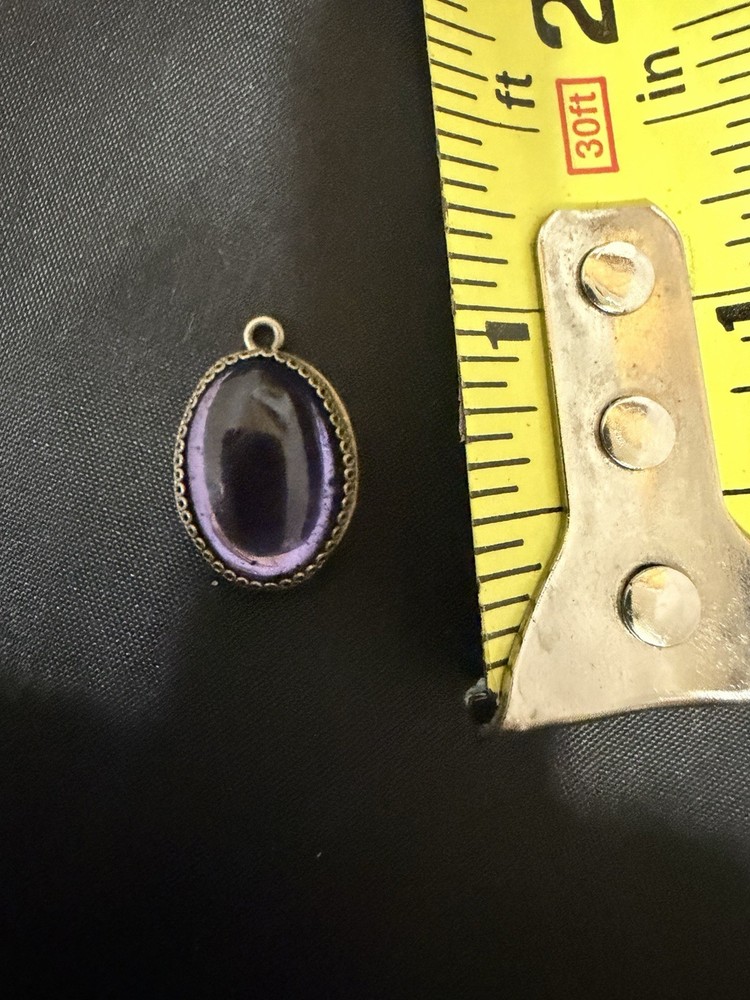 Vintage Purple Cabochon Pendant Silver Tone Setting Oval Charm