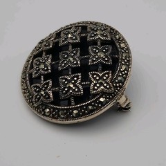 Vintage Art Deco Markasite Round Geometric Domed Sterling Silver 925 Brooch Pin