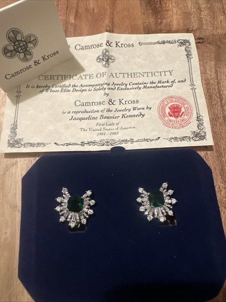 Vintage JBK Camrose & Kross Simulated Emerald CZ Silver Tone Clip On Earrings