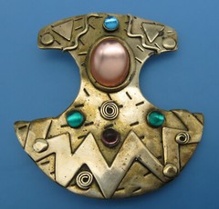 Deborah Roberts Signed Modernist Glass Cabochon Brass Statement Pin Brooch