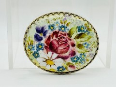 Vintage Floral Porcelain Brooch ~ Romantic Rose & Forget Me Not Oval Pin