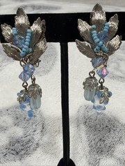 Rare Vtg 1960’s HOBE Clip On Earrings Glass AB Faux Turquoise Dangle Chandelier